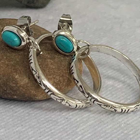 Etched Drop Hoop with Turquoise Gemstone Earrings - Picture 7 of 9